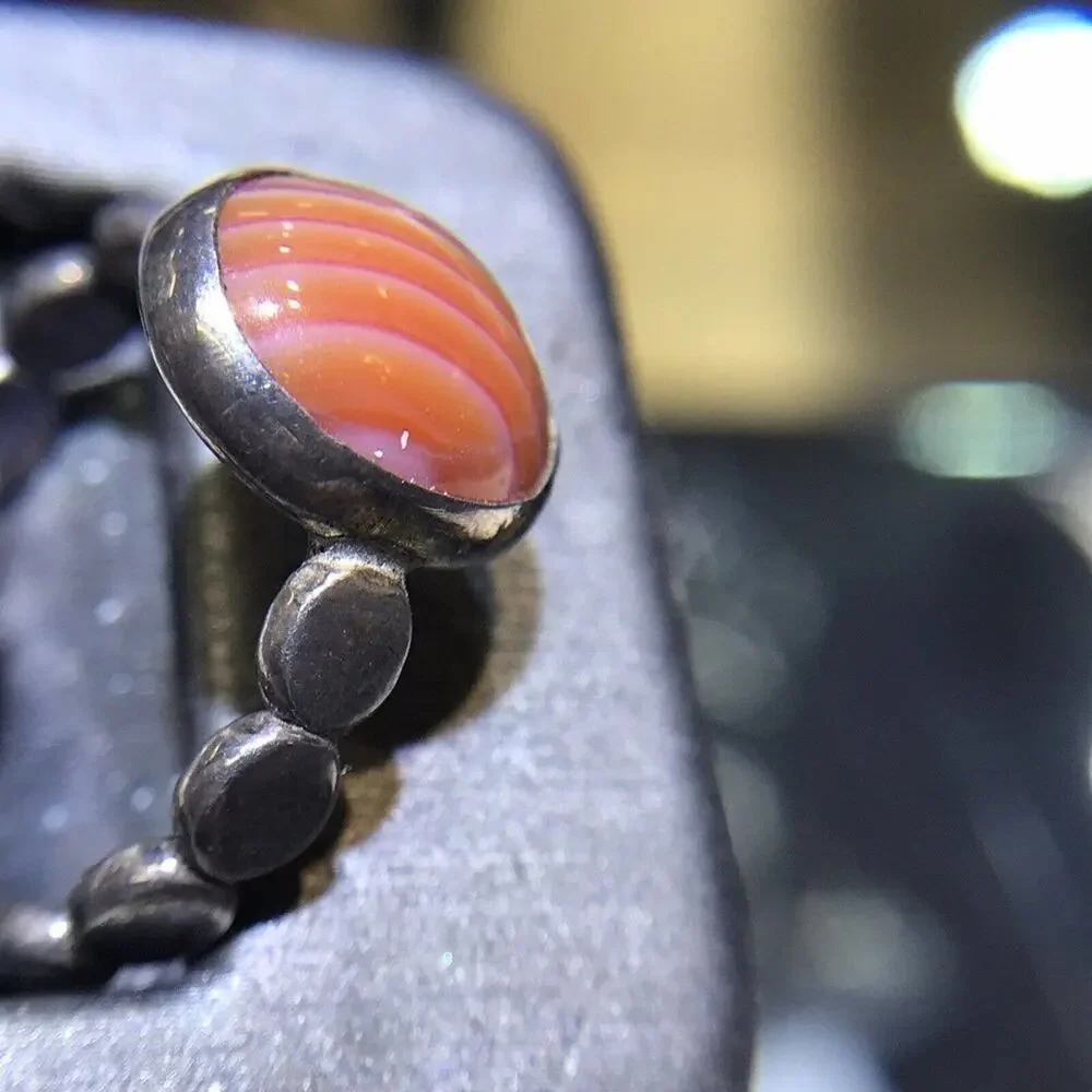 Orange Stripe Agate (Natural) Ring Round Sz7.25 Bezel Set Silver 925 Design Band